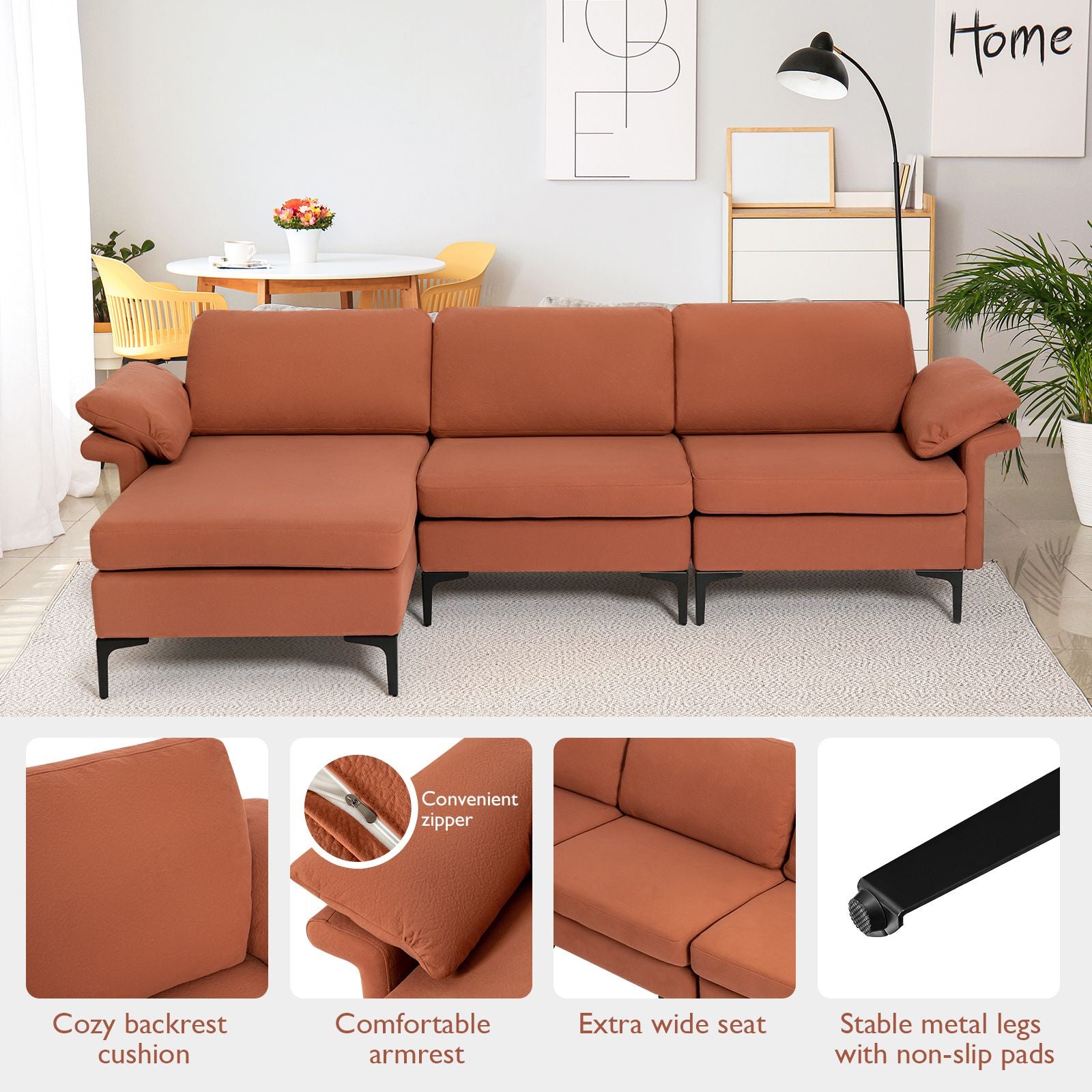 L-Shaped 3-Seat Upholstered Sectional Sofa