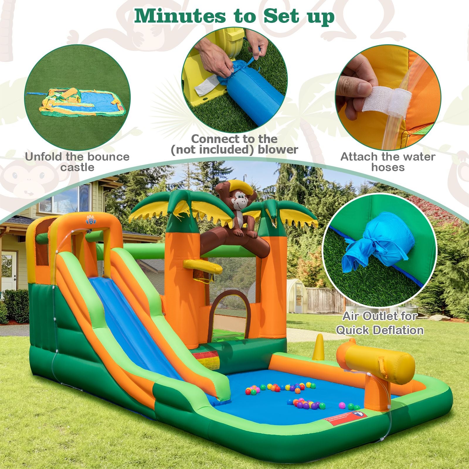 6-In-1 Monkey Themed Inflatable Water Slide Park with Slide and Splash Pool without Blower