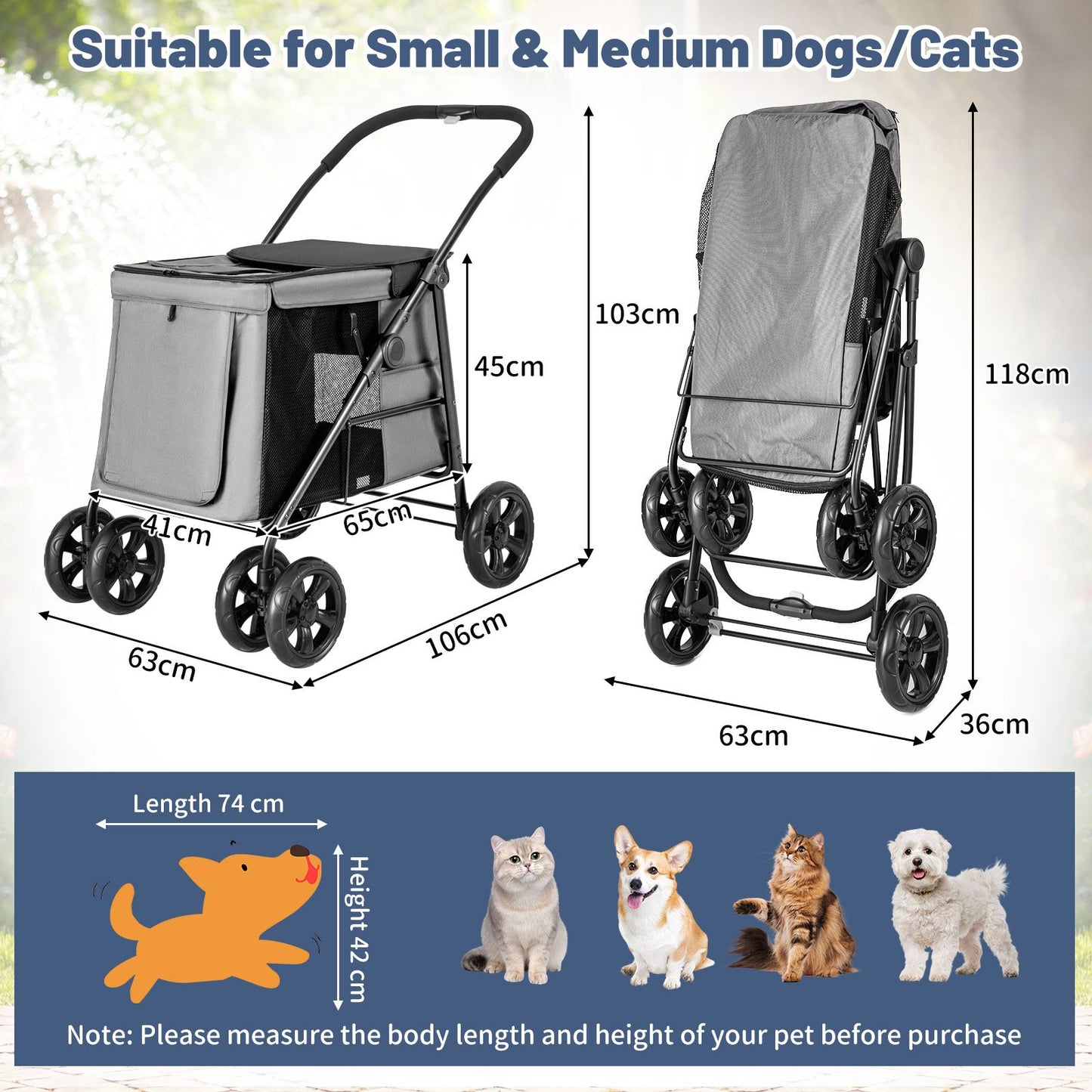 Folding Pet Stroller with Pockets and Skylight for Small Medium Pets