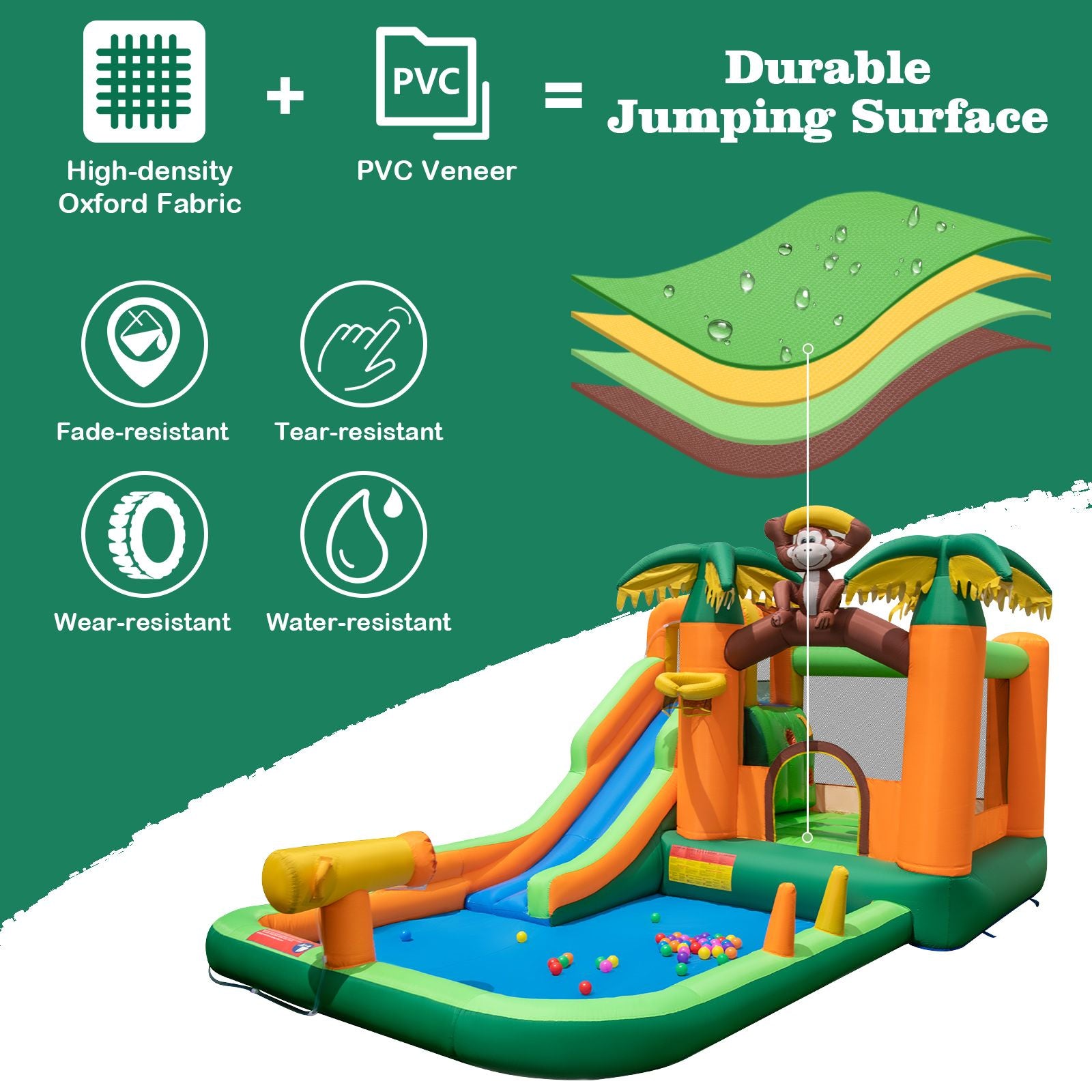 6-In-1 Monkey Themed Inflatable Water Slide Park with Slide and Splash Pool without Blower