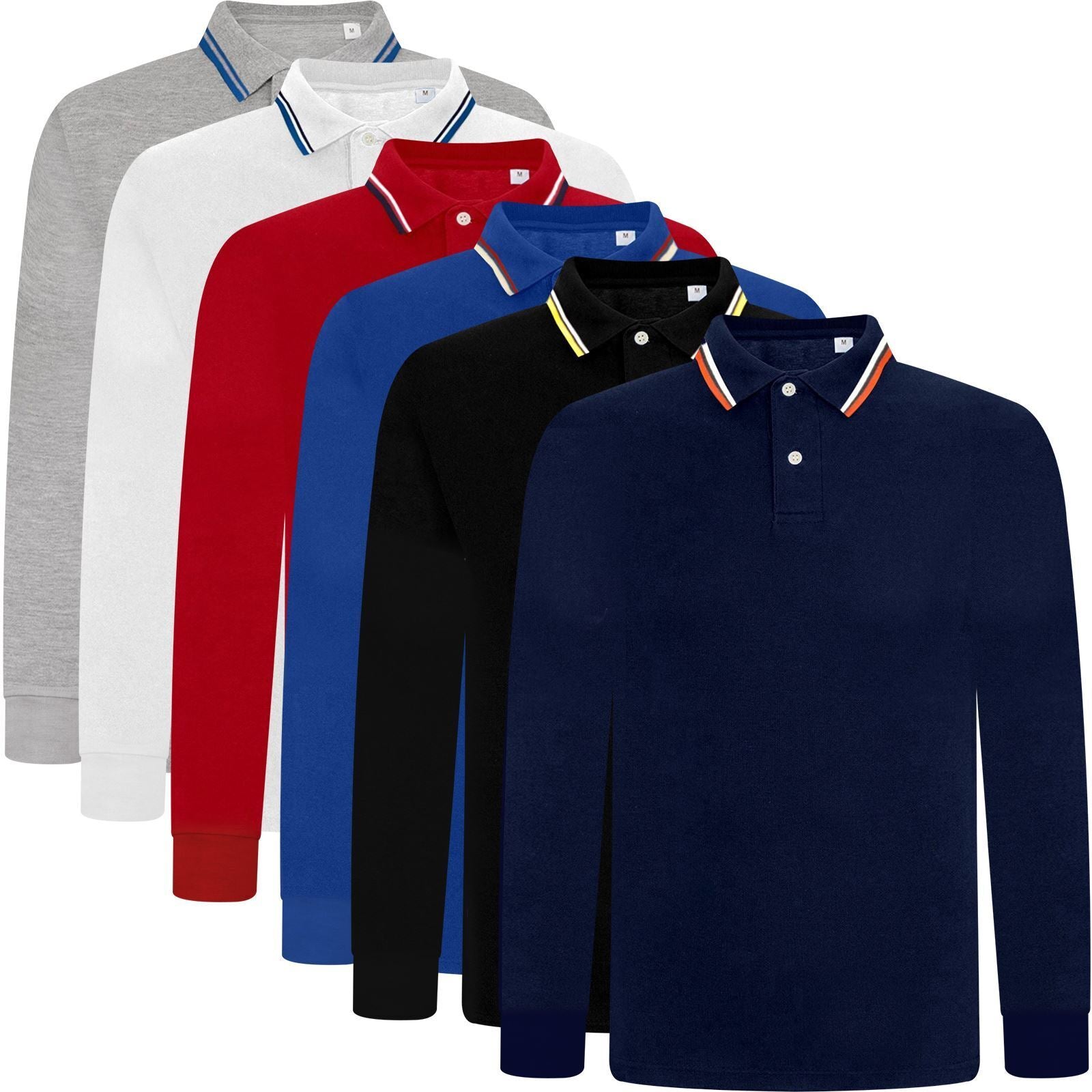 Mens Tipping Pique Polo Shirt Top Long Sleeve Work Collared Casual Office Wear