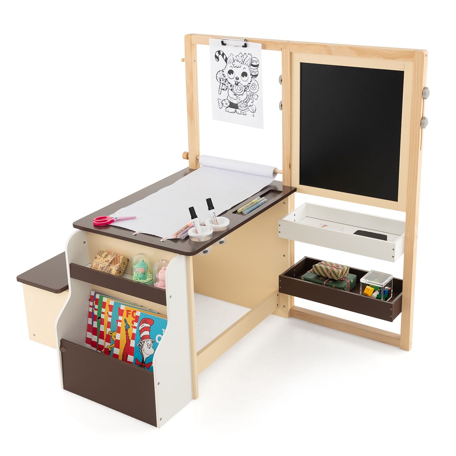 Kids Art Easel Table and Bench Set with Adjustable Easel and Bookshelf