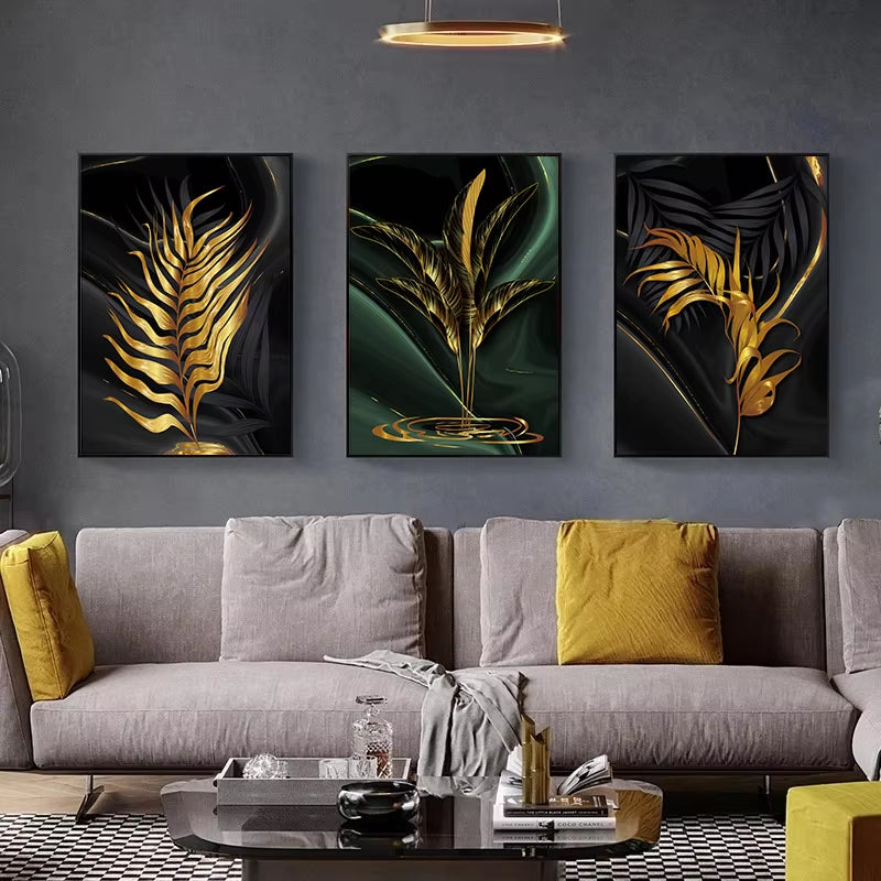 Plant Leaf Luxury Canvas Painting Home Decor Nordic Wall Art Abstract Black Green Wall Backdrop Poster and Print for Living Room