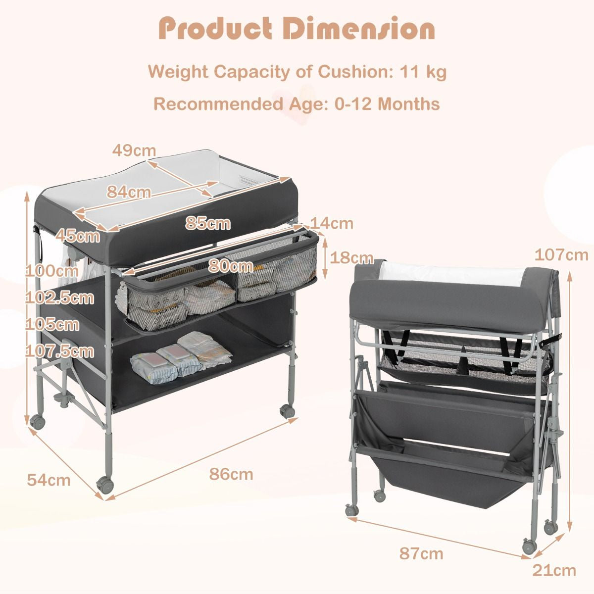 Folding Nursery Changing Table with Lockable Wheels and Storage Basket