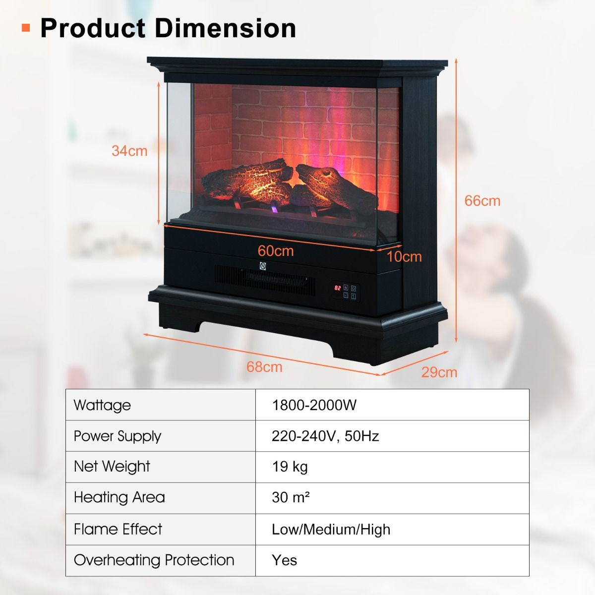 2000W Electric Fireplace Heater with 3-Level Vivid Flame