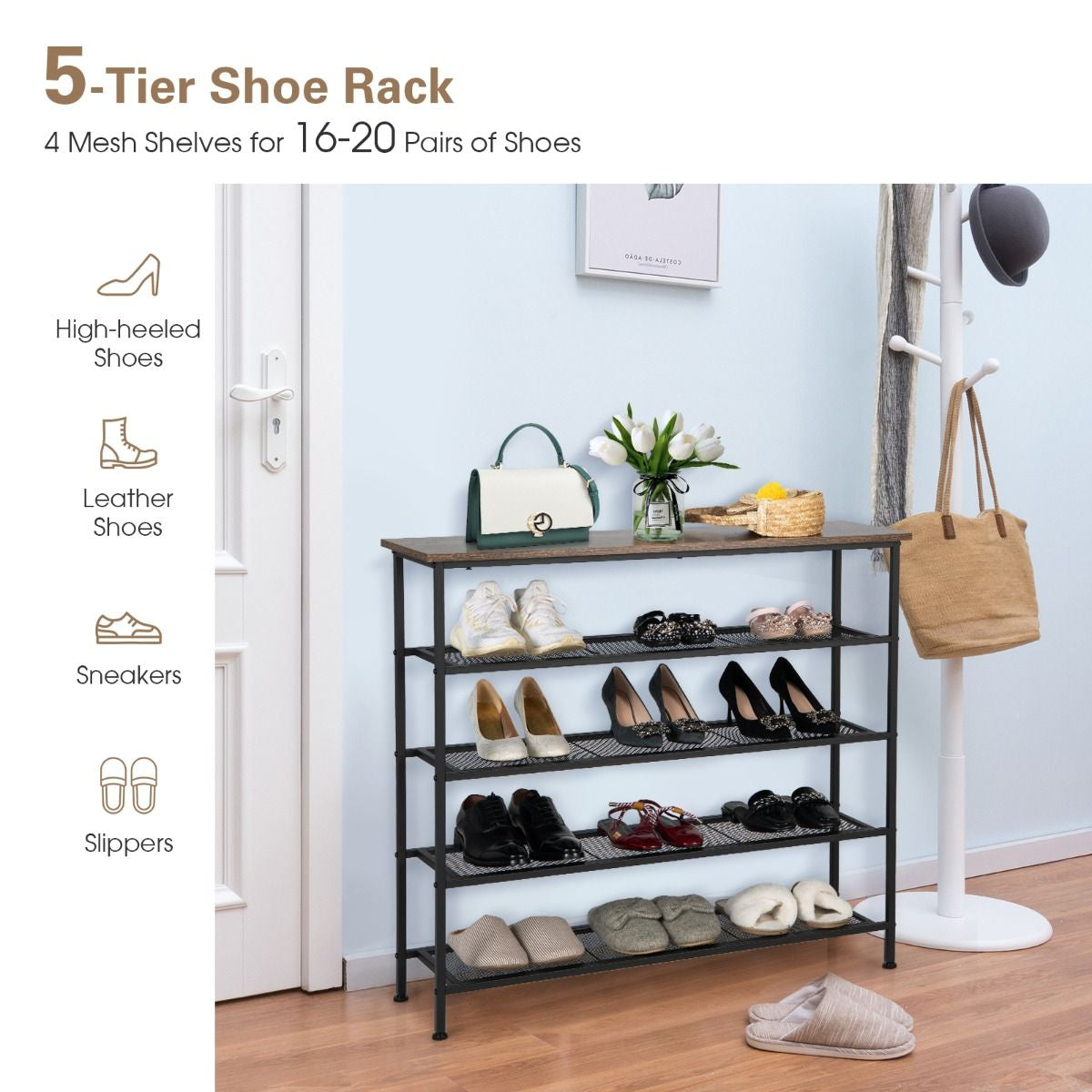 5-Tier Shoe Storage Rack with Metal Mesh Shelves and Wooden Top