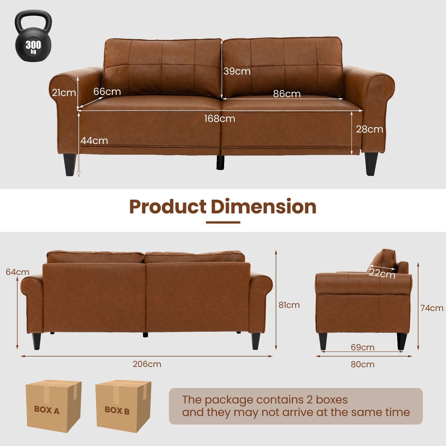 206 Cm PU Leather Sofa Couch with 2 Detachable Back Pillows