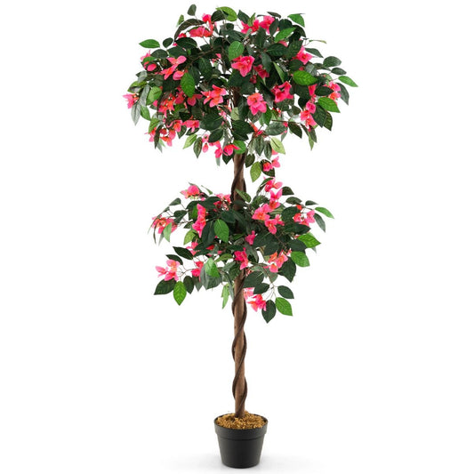 140 CM Artificial Bougainvillea Tree with 252 Flowers and 630 Leaves and Real Wood Trunk