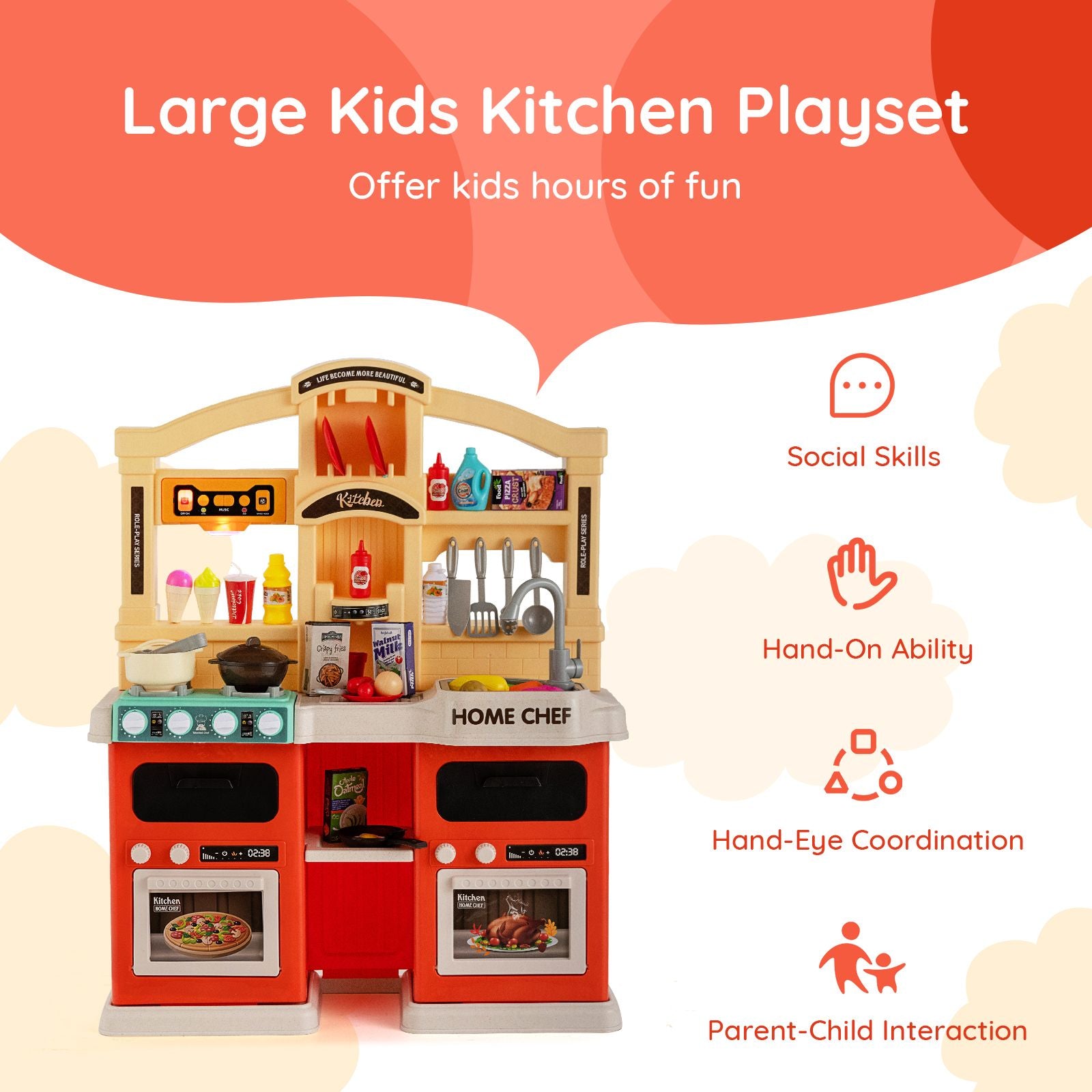 69 Pieces Kids Kitchen Playset Toy with Boiling and Vapor Effects