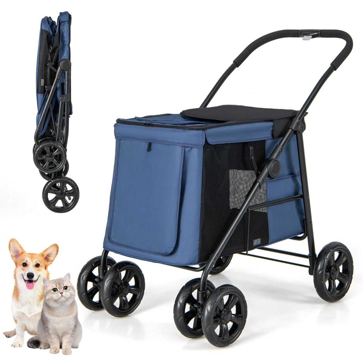 Folding Pet Stroller with Pockets and Skylight for Small Medium Pets