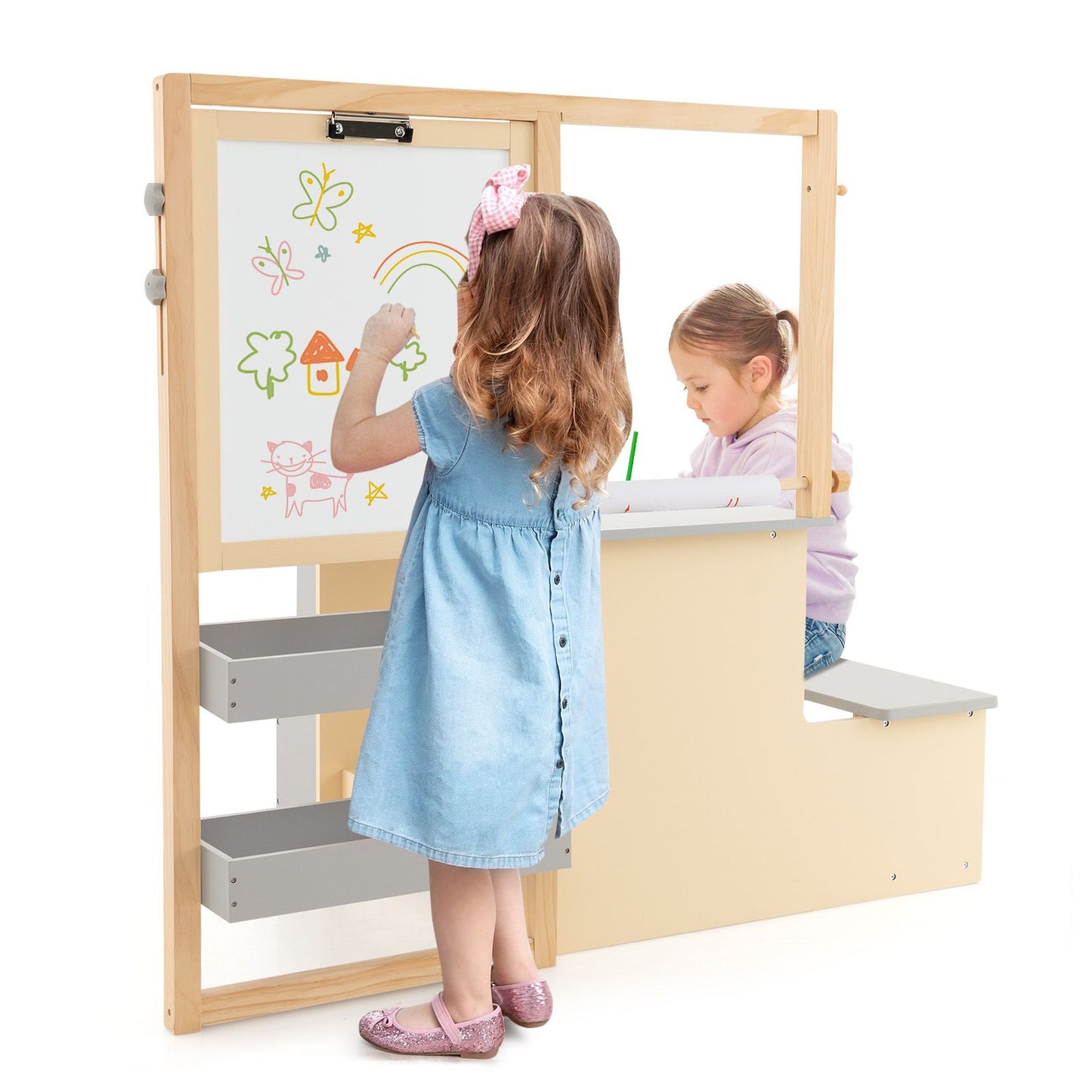 Kids Art Easel Table and Bench Set with Adjustable Easel and Bookshelf