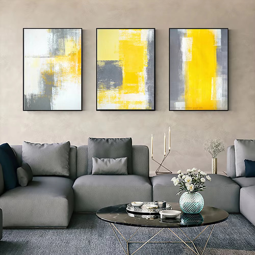 Canvas Pictures for Living Room Handmade Decorative Wall Art Painting Bright Yellow Grey Wall Art Decor Paintings 3 Panel Art