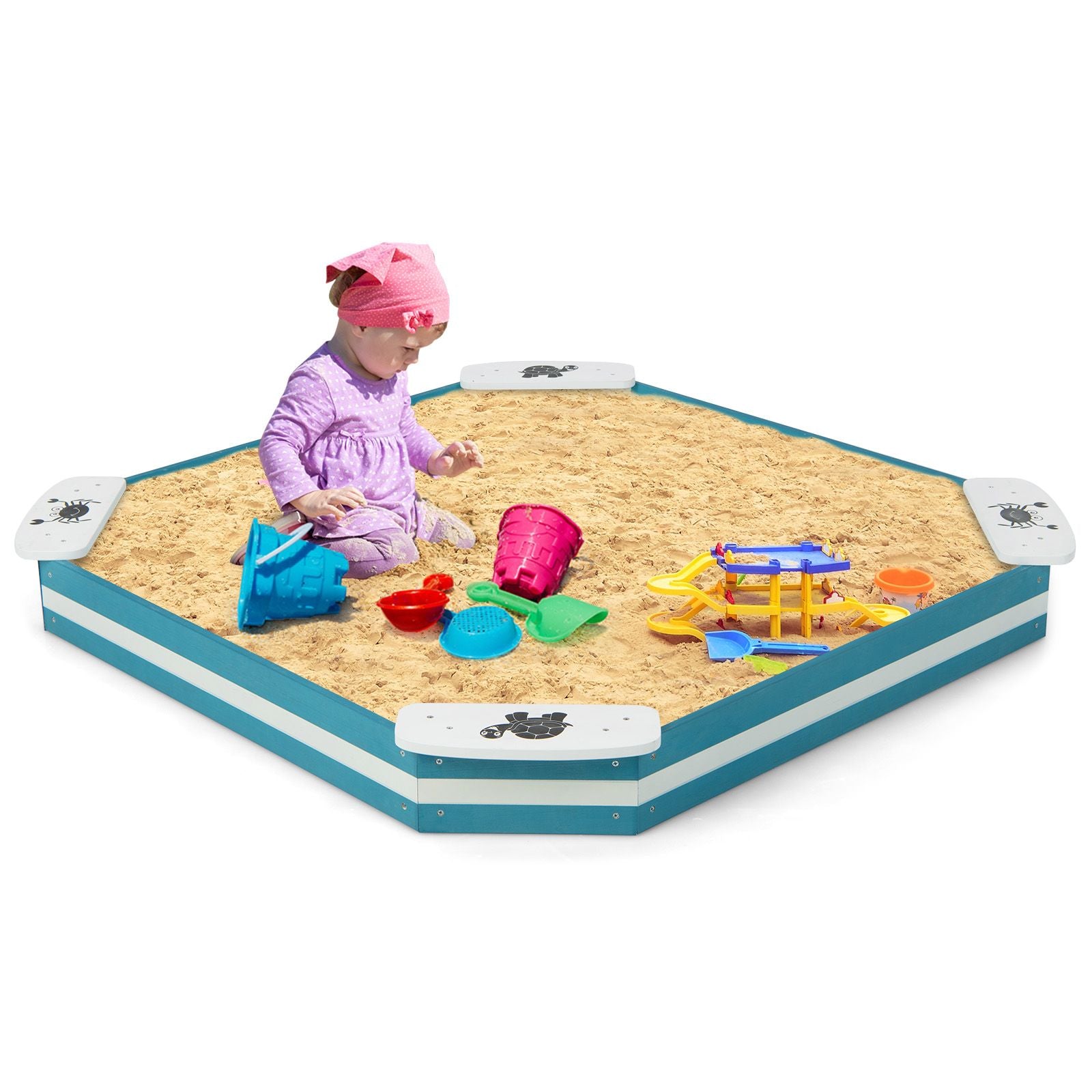 Kids Wooden Sandbox with 4 Built-In Seats for Backyard Sand Play