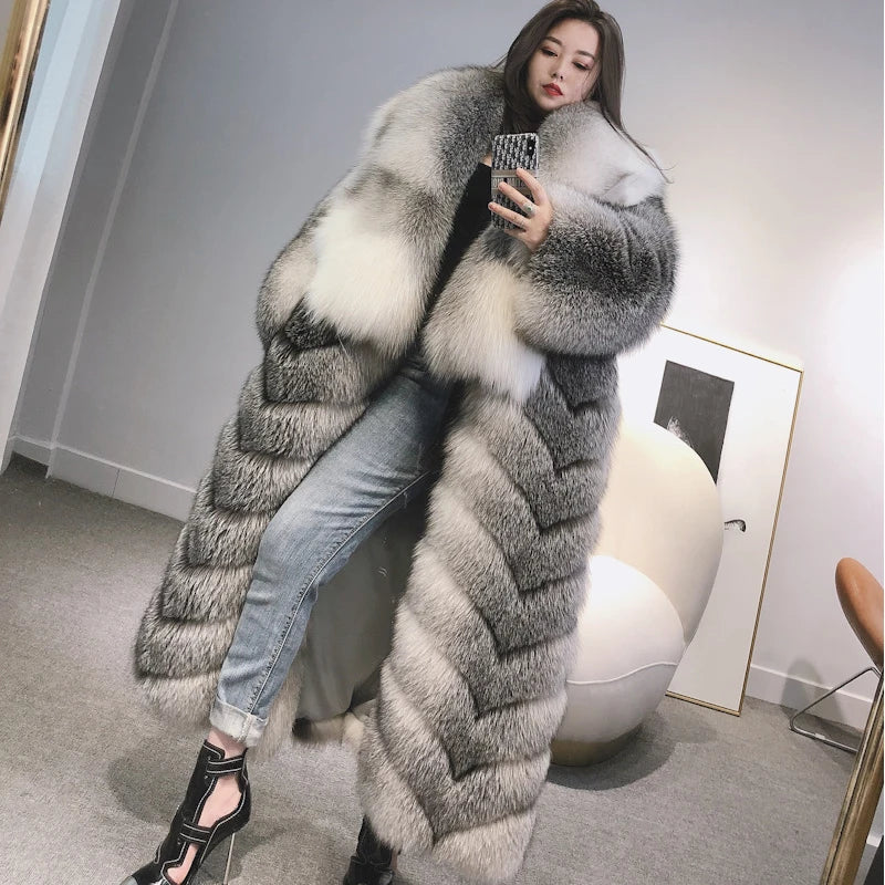 Ladies Long Fur Coat Hooded Women Real Fox Fur Jacket Long New Arrival Long Fur Coat 22-09