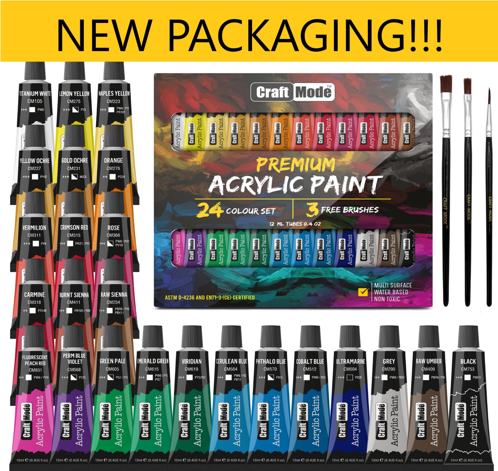 Acrylic Paint Set Tube 24 X 12Ml. 3 Free Brushes.Perfec