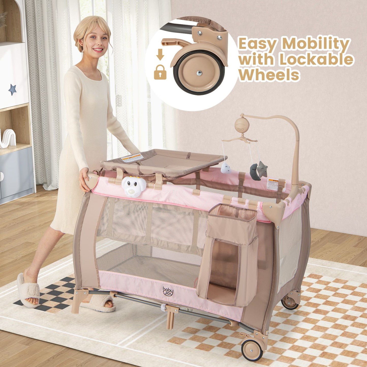 3-In-1 Multifunctional Foldable Baby Bassinet with Carry Bag and Wheels