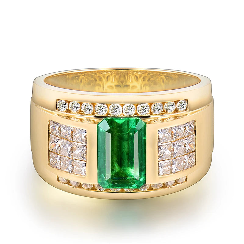 Luxury Natural Colombia Emerald Wedding Men Rings Real 14K Yellow Gold Princess Diamond Engagement Jewels Ring for Husband