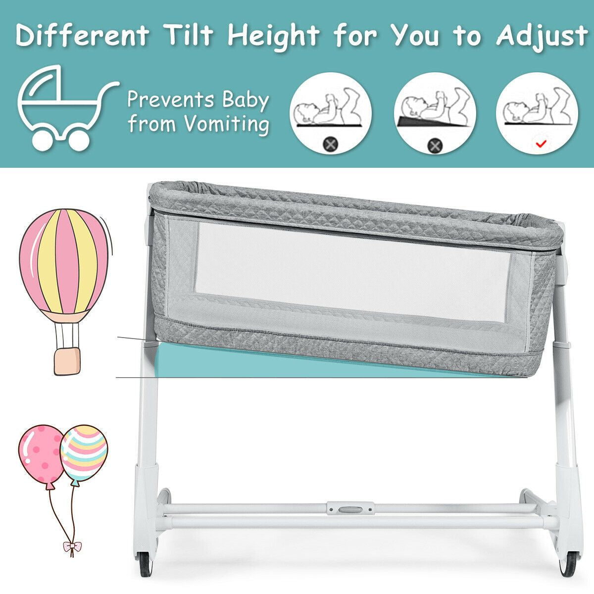 Baby Bedside Cot with Washable Mattress and Breathable Mesh