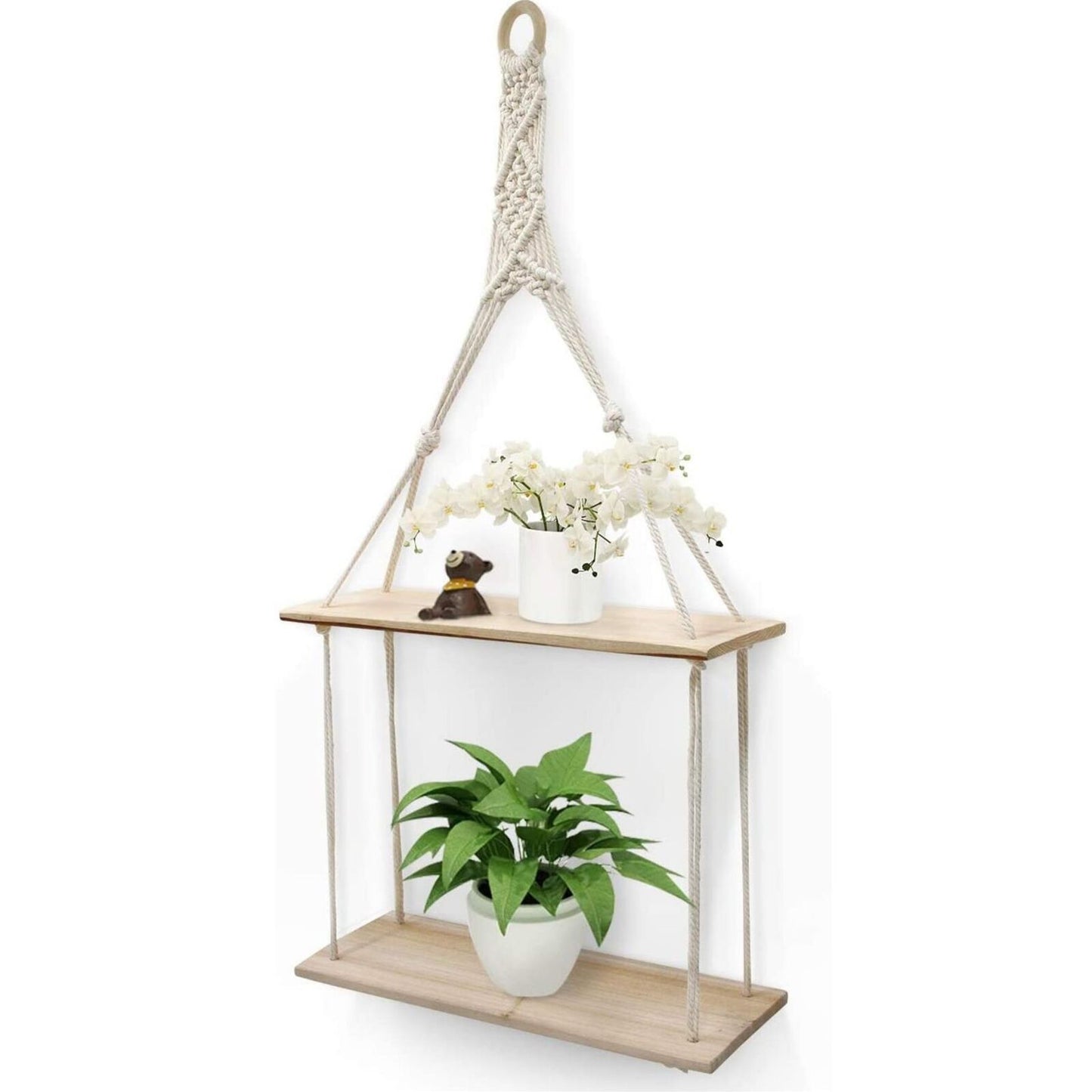 Wooden Floating 2 Tier 30X10X72Cm Hanging Shelf Macrame Rope Storage Wall