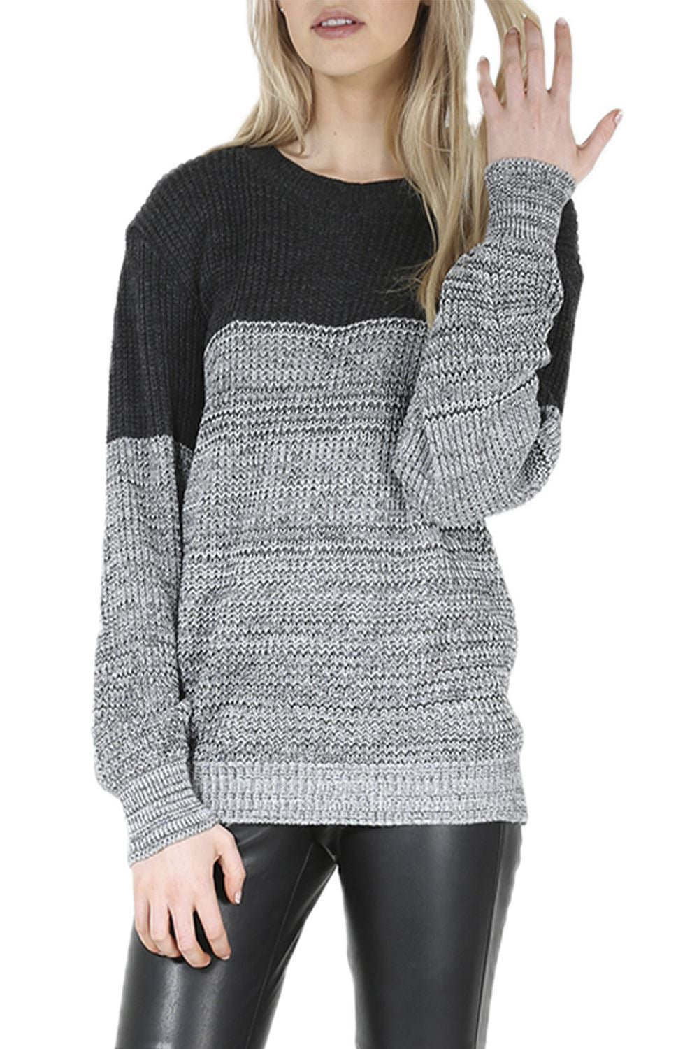 Womens Baggy Pullover Jumper Long Sleeve round Neck Contrast Block Stripe Top