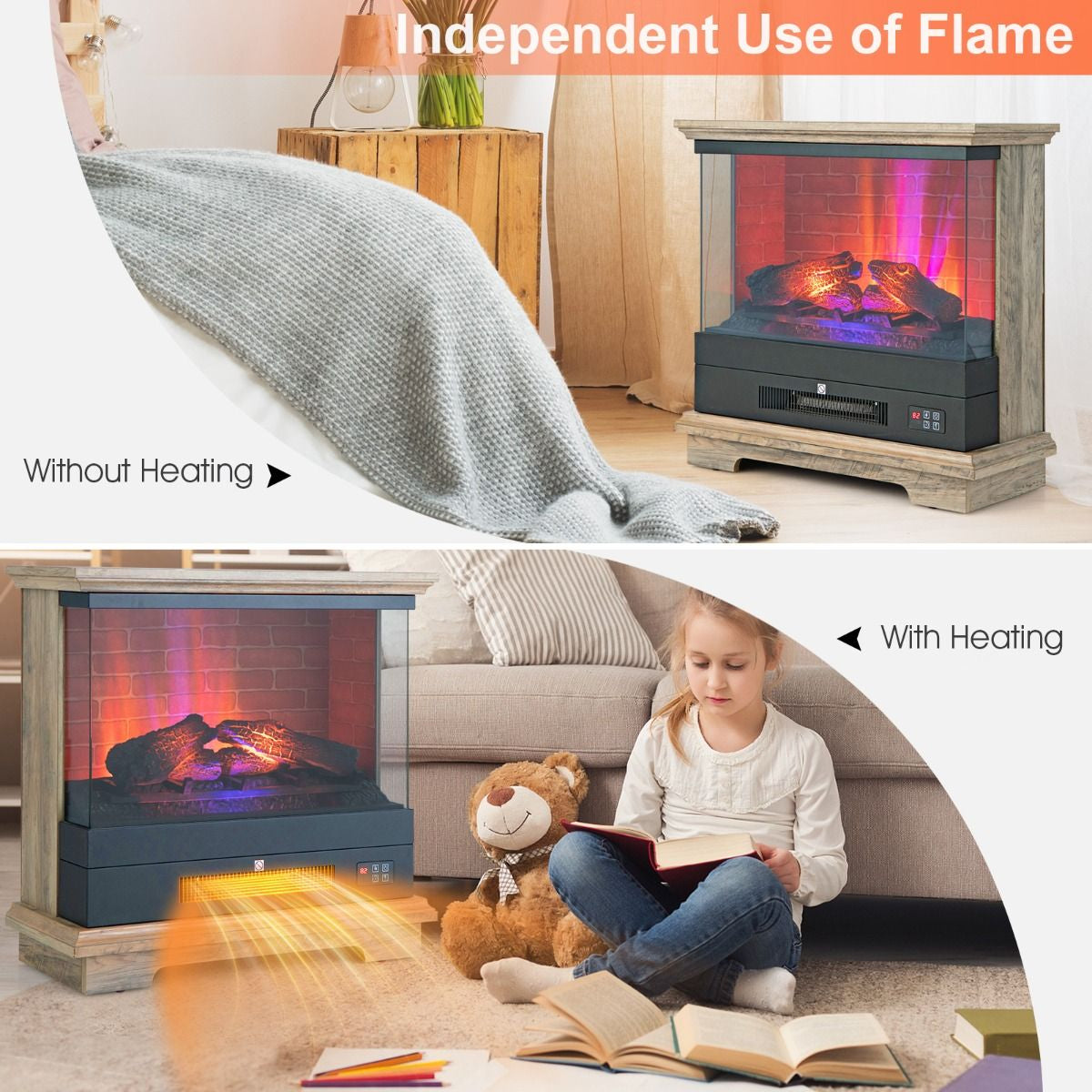 2000W Electric Fireplace Heater with 3-Level Vivid Flame