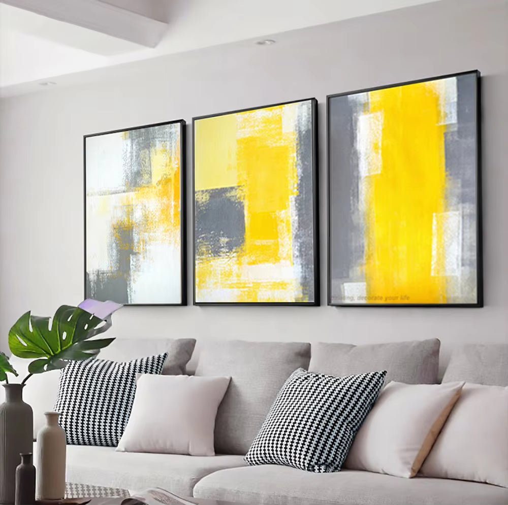 Canvas Pictures for Living Room Handmade Decorative Wall Art Painting Bright Yellow Grey Wall Art Decor Paintings 3 Panel Art