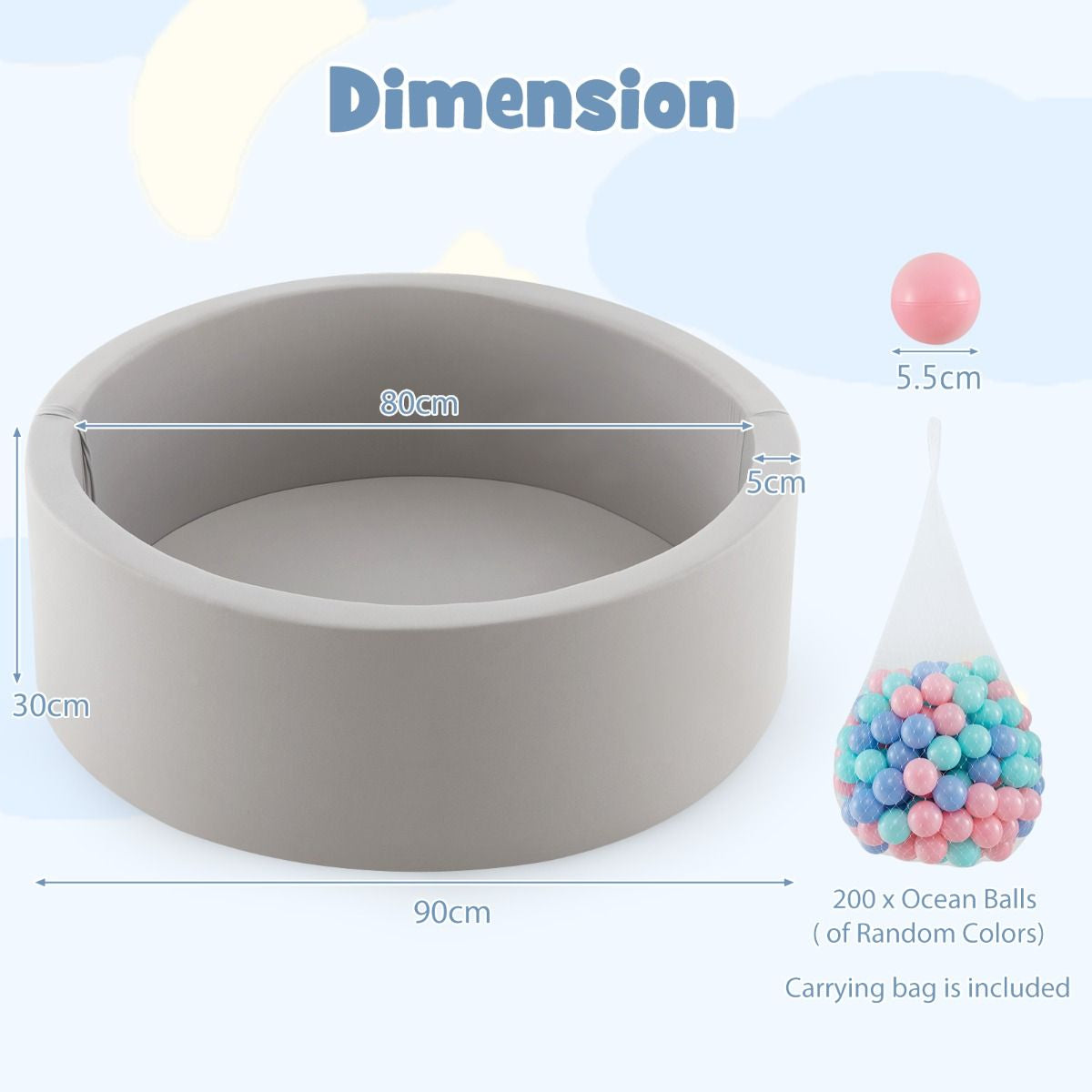 90 X 30Cm Soft round Ball Pool for Toddlers and Baby with 200 Ocean Balls and Storage Bag