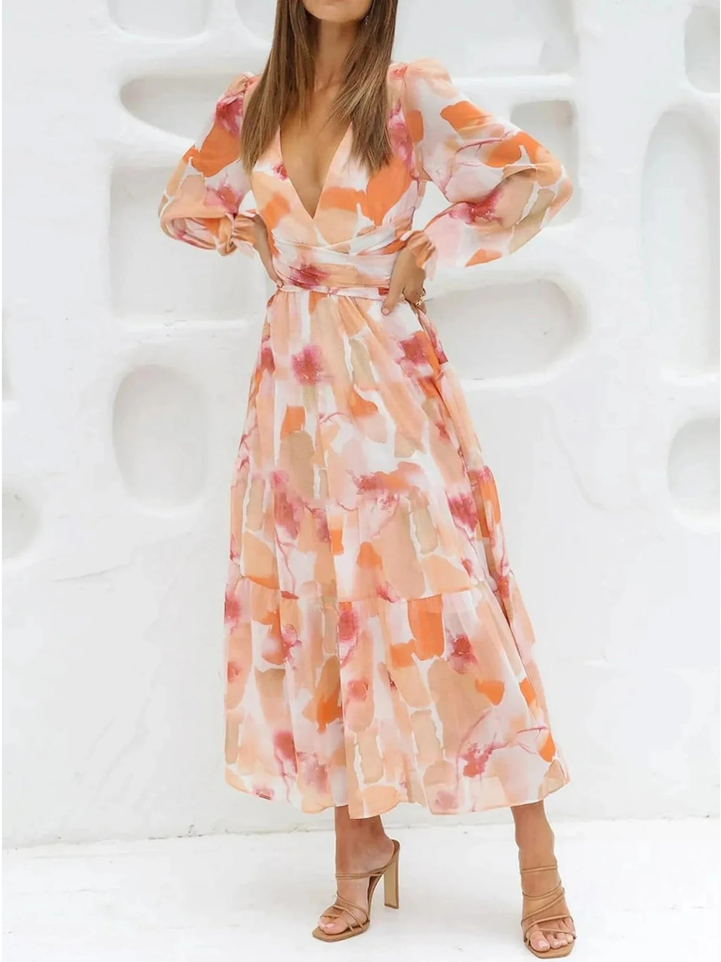 Floral Print Dress Women Long Sleeve Maxi Dress Female Elegant V-Neck Dresses Casual Loose Robe