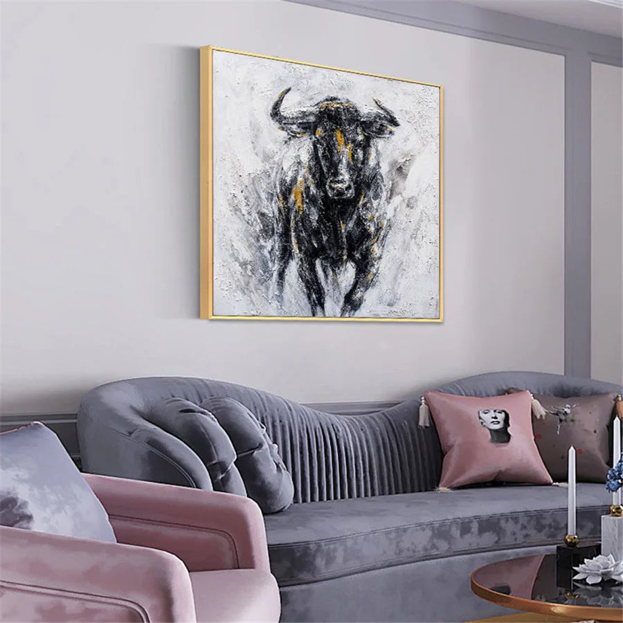 100% Hand Painted Bullfighting Canvas Oil Painting Black Strong Bull Wall Art Modern Abstract Paintings Pop Art Picture Office