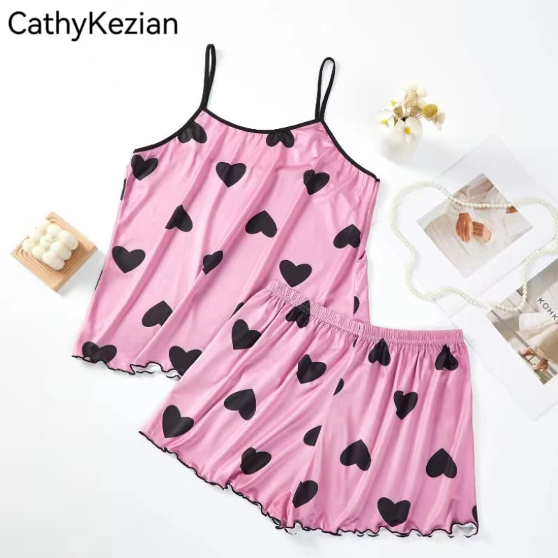 Women Pajamas Sleepwear Pajama Set Camisole Shorts Pink S M L Heart Print Scoop Neck Cami Top Ice Silk Comfortable Casual Summer