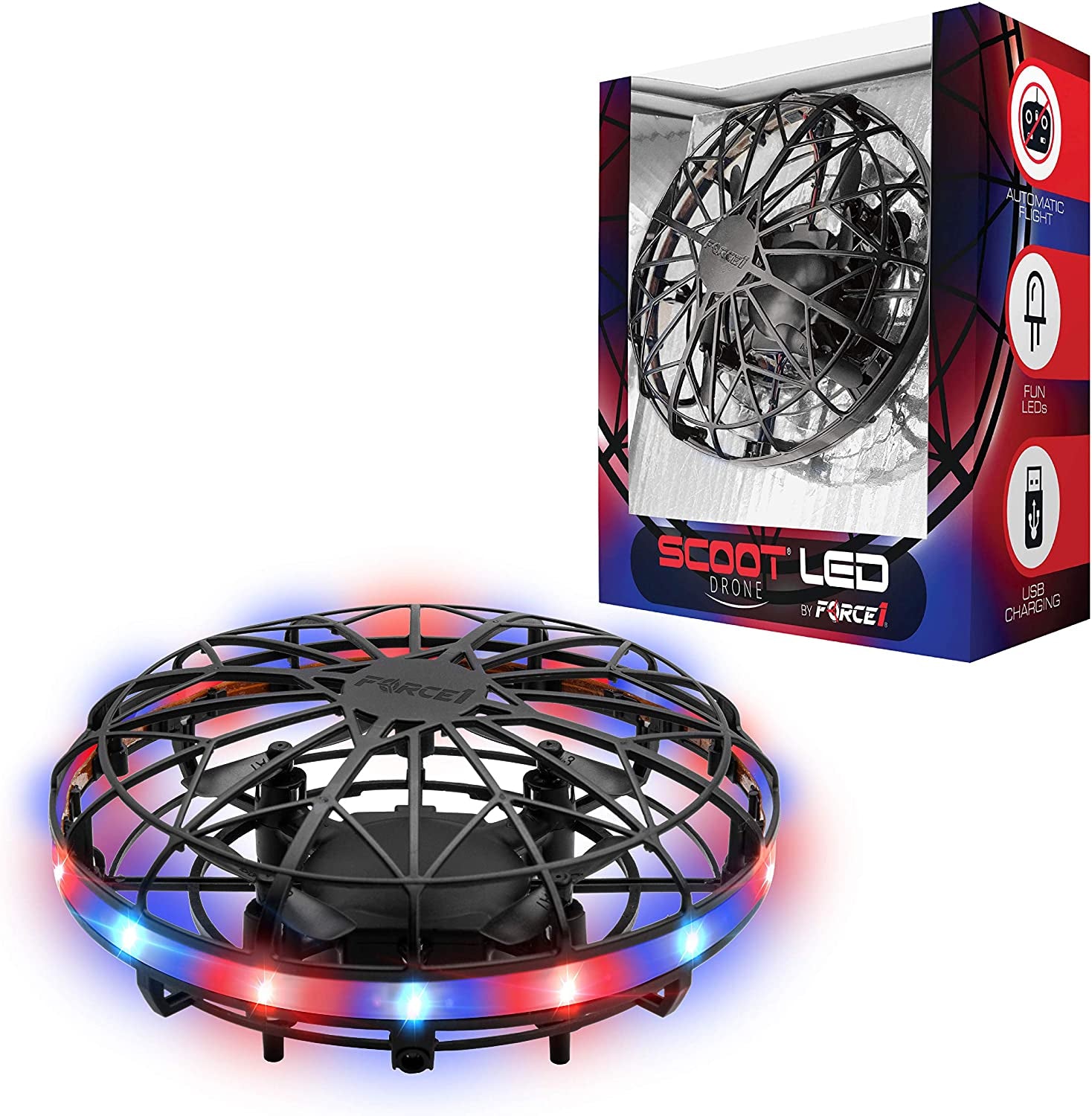 Scoot LED Hand Operated Drone for Kids or Adults - Hands Free Motion Sensor Mini Drone, Easy Indoor Small UFO Toy Flying Ball Drone Toy for Boys and Girls (Red/Blue)