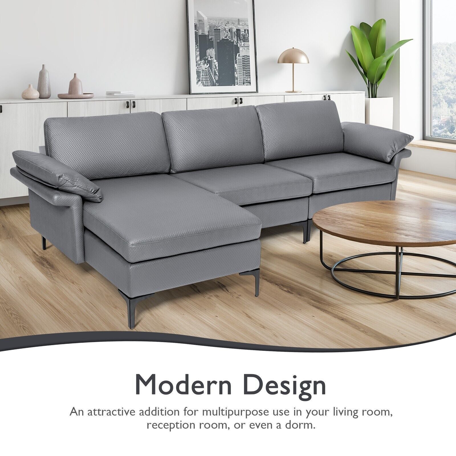 L-Shaped 3-Seat Upholstered Sectional Sofa