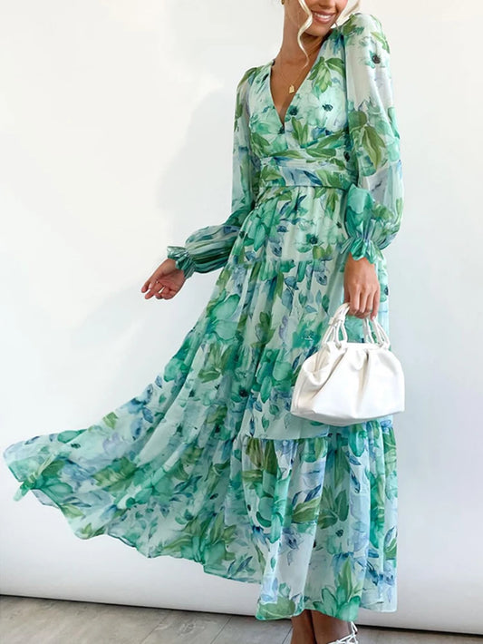 Floral Print Dress Women Long Sleeve Maxi Dress Female Elegant V-Neck Dresses Casual Loose Robe