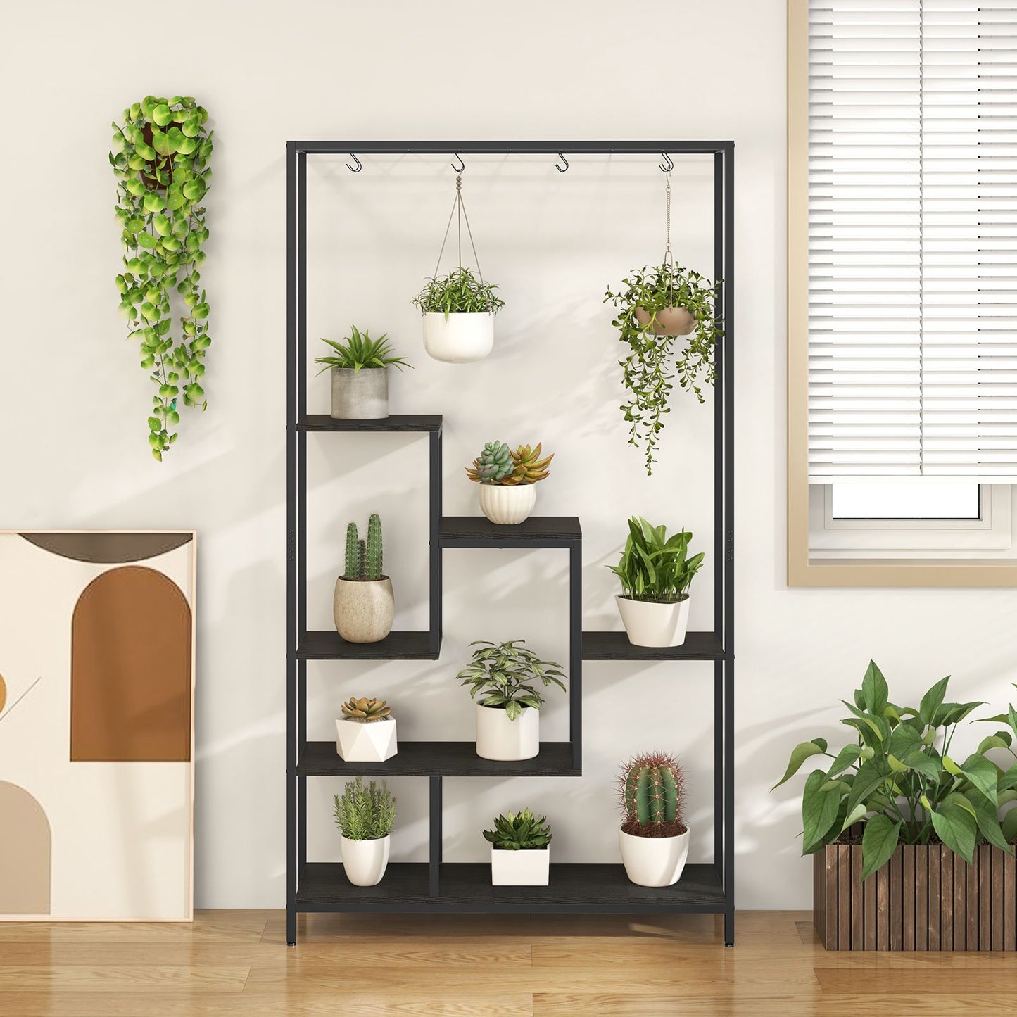 6-Tier Tall Plant Stand with 10 Hanging Hooks and Wire Shelf for Multiple Plants