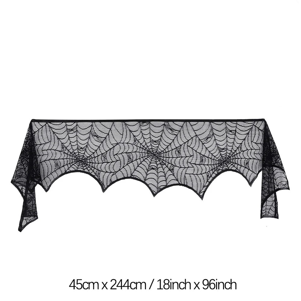 Halloween Lace Spider Web Table Runner Tablecloth Halloween Black Fireplace Mantel Cover for Home Party Halloween Decoration