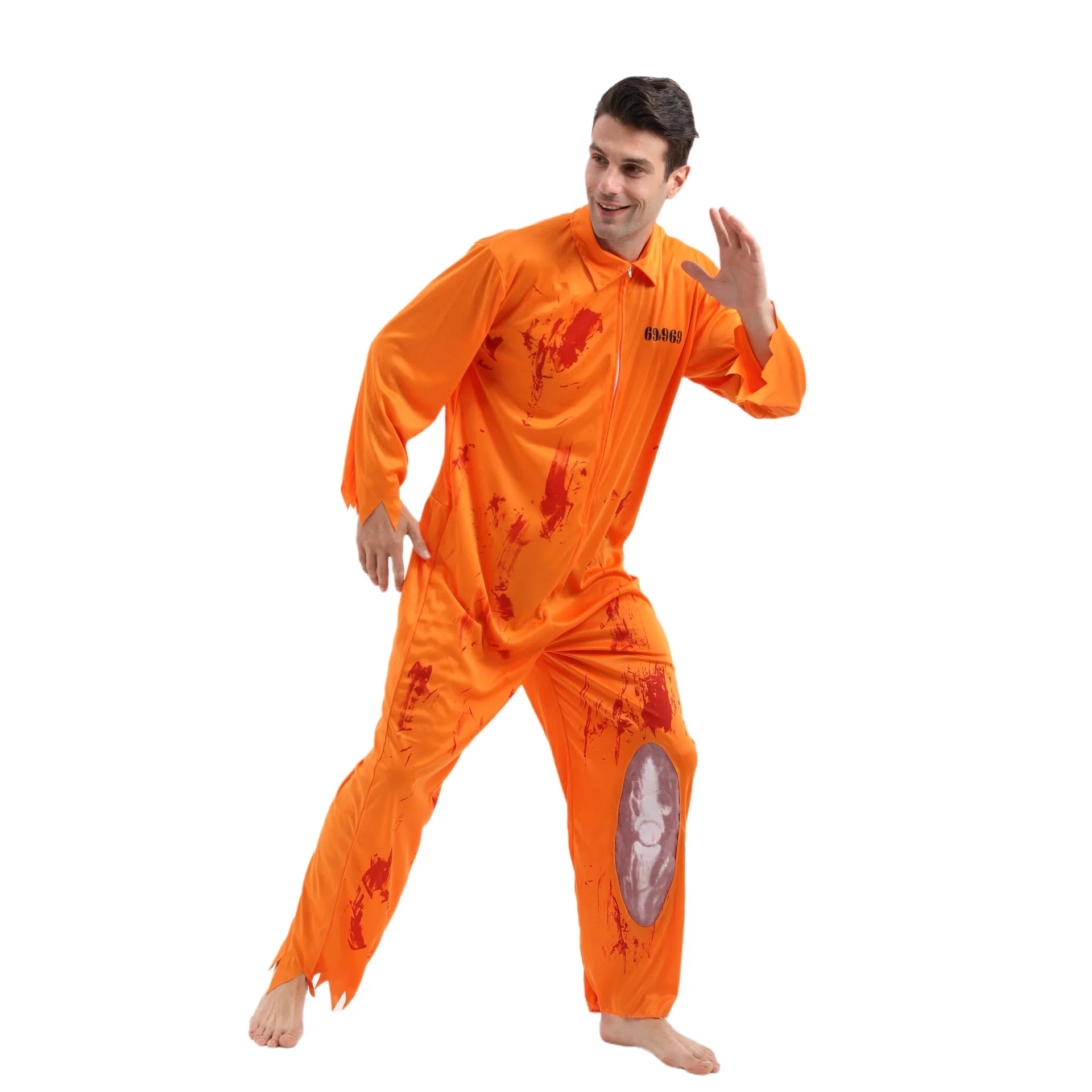 Adult Zombie Prisoner Costume Men Bloody Dead Convict Scary Halloween Costume Yellow Jumpsuit Fancy Dress Outfit