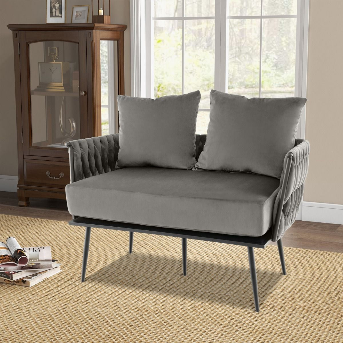 Modern Loveseat Sofa with Woven Back and Arms