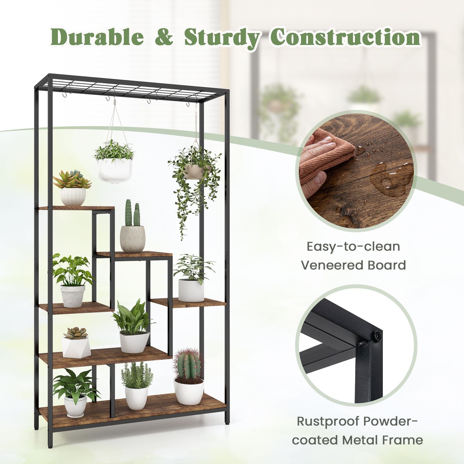 6-Tier Tall Plant Stand with 10 Hanging Hooks and Wire Shelf for Multiple Plants