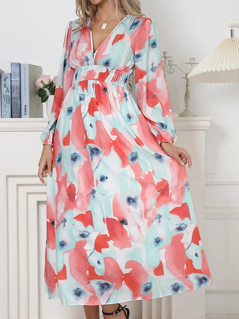 Floral Print Dress Women Long Sleeve Maxi Dress Female Elegant V-Neck Dresses Casual Loose Robe