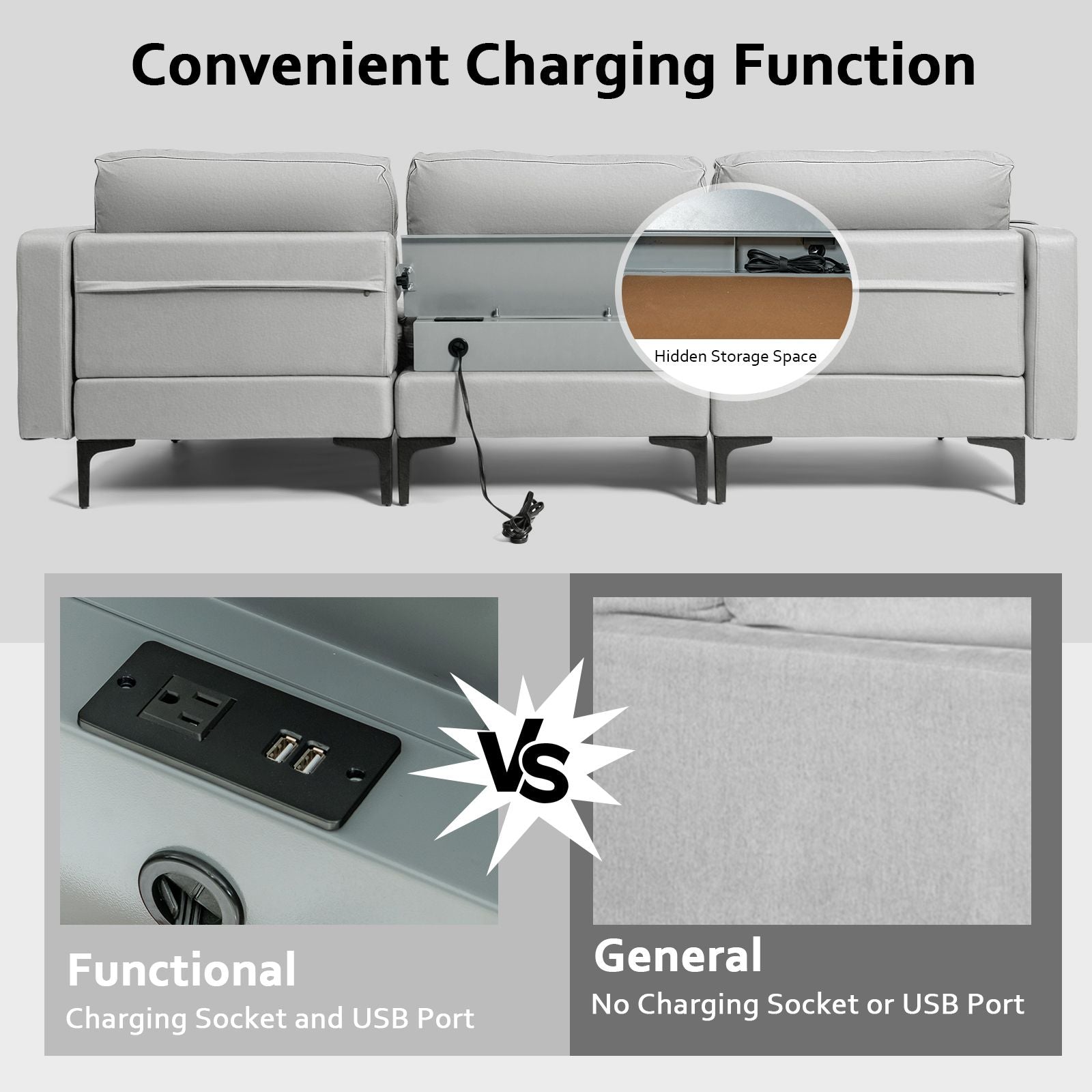 Modular L-Shaped Sofa with Chaise, Reversible Ottoman, Built-In Socket