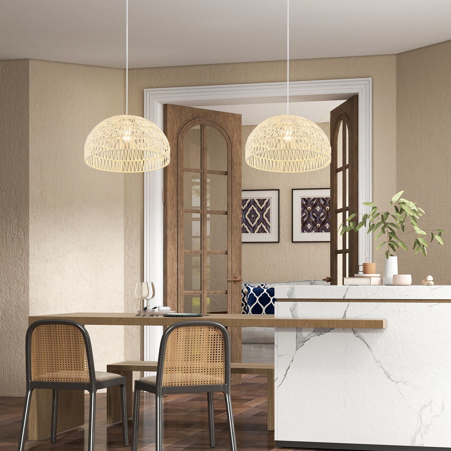 Dome Paper Pendant Ceiling Light with Adjustable Hanging Rope