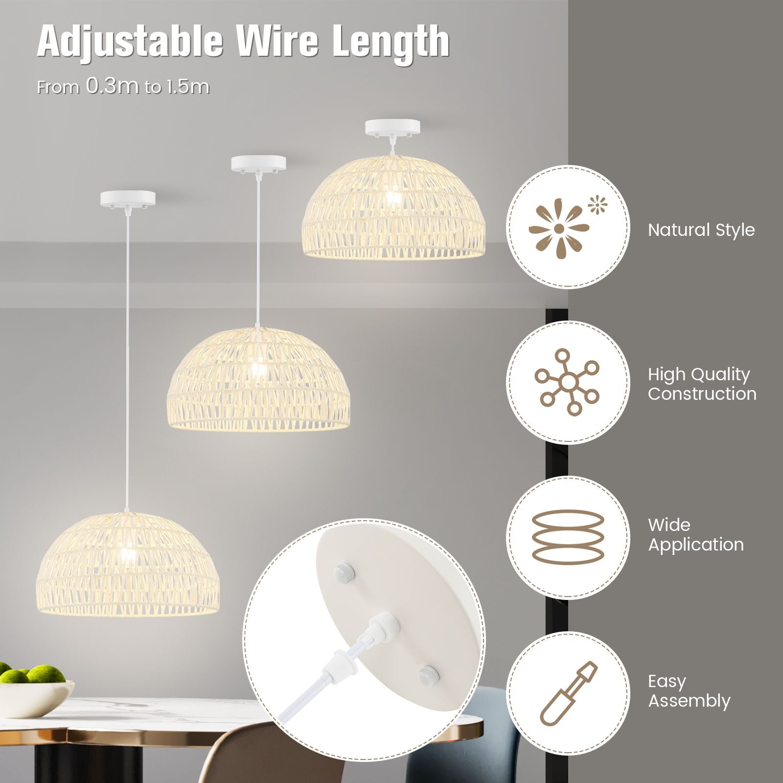 Dome Paper Pendant Ceiling Light with Adjustable Hanging Rope