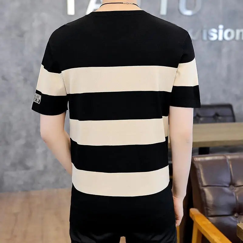 New Ultra-Thin Ice Silk Breathable Short Sleeve Summer Men'S round Neck Striped Slim Fashion Hip Hop Casual T-Shirt XL-XXXL