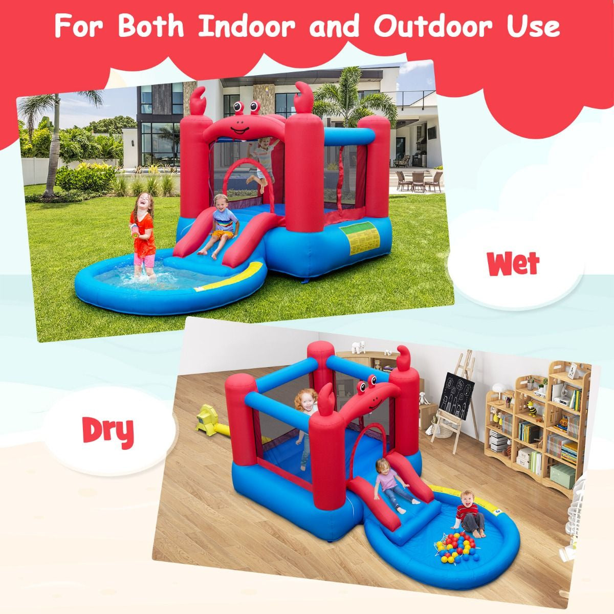 Inflatable Red Crab-Themed Water Slide Park with Slide and Splash Pools