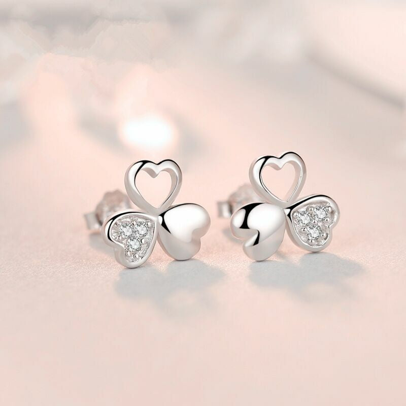 Crystal Love Clover Stud Earrings 925 Sterling Silver Women Girls Jewellery Gift