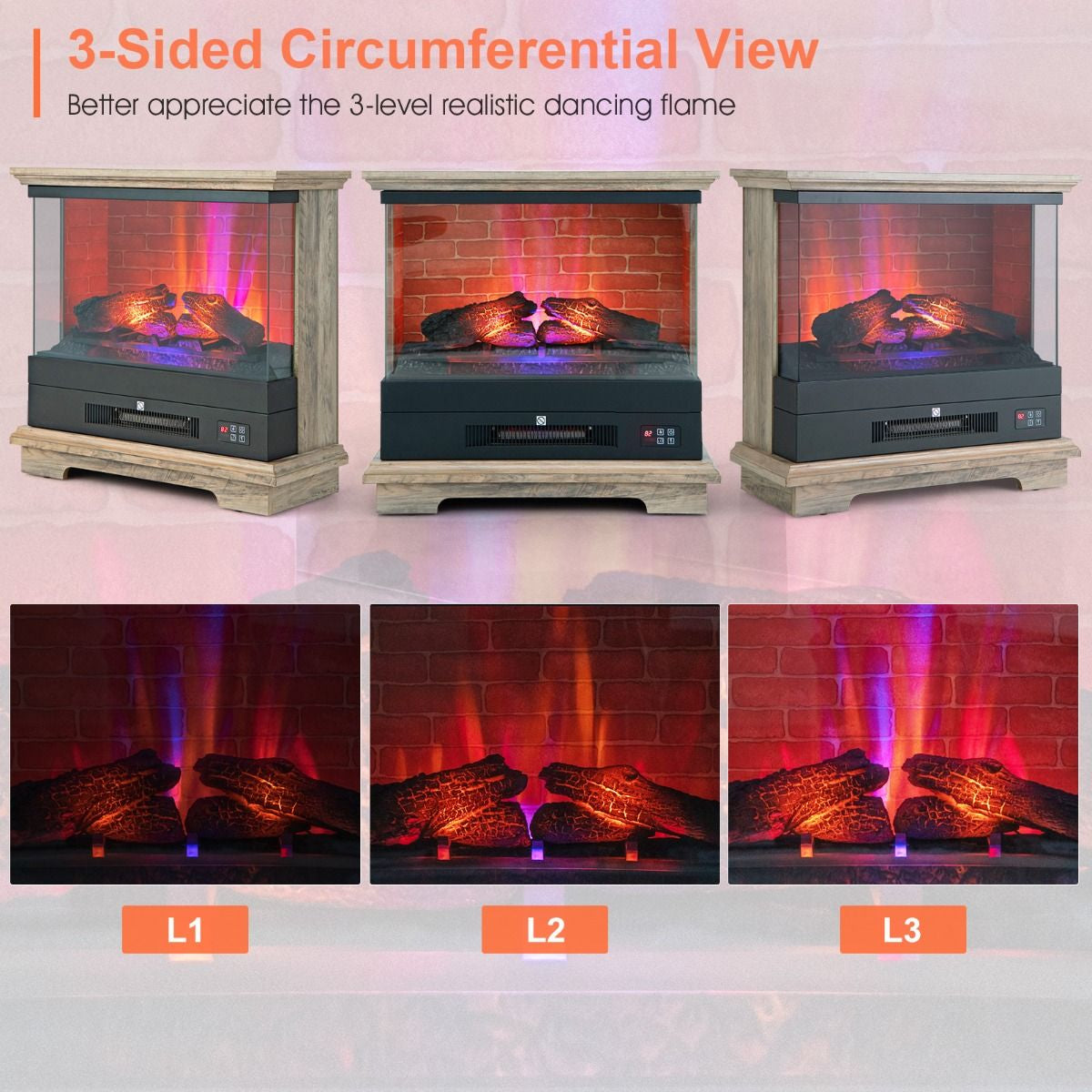 2000W Electric Fireplace Heater with 3-Level Vivid Flame