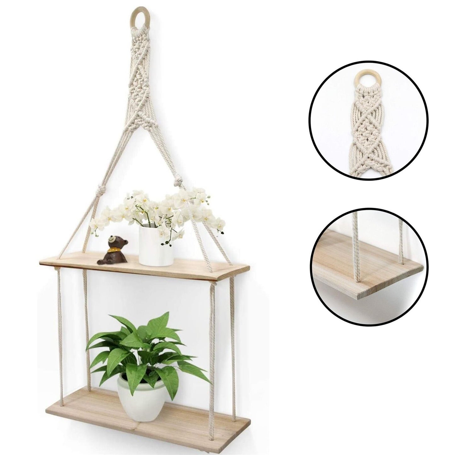 Wooden Floating 2 Tier 30X10X72Cm Hanging Shelf Macrame Rope Storage Wall