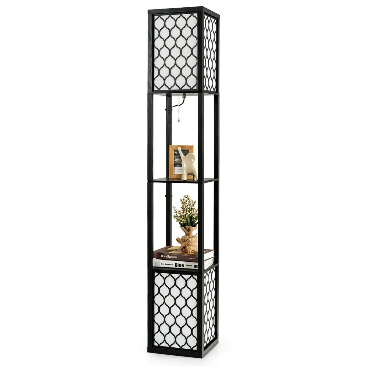 Double Floor Lamp with 2 Tier Storage Shelves and Foot Switch