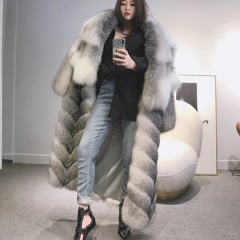 Ladies Long Fur Coat Hooded Women Real Fox Fur Jacket Long New Arrival Long Fur Coat 22-09