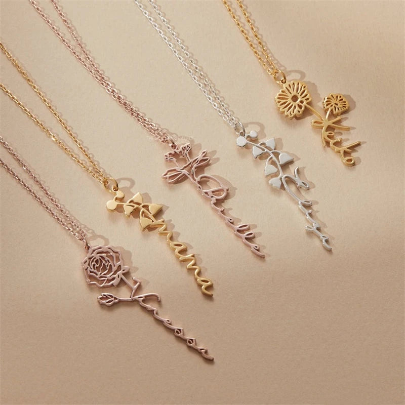 Custom Name Necklace Stainless Steel Gold Choker Personalized Birth Month Flower Name Necklace Lover Birthday Gift